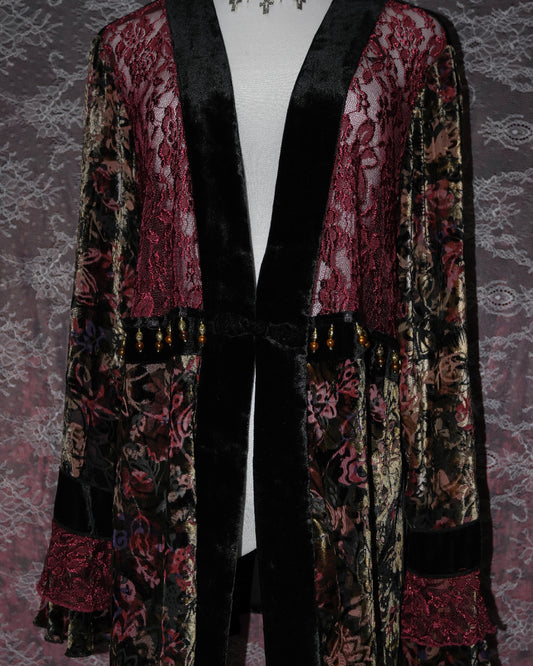 Cherry Lace Velvet Beaded Kimono Cardigan