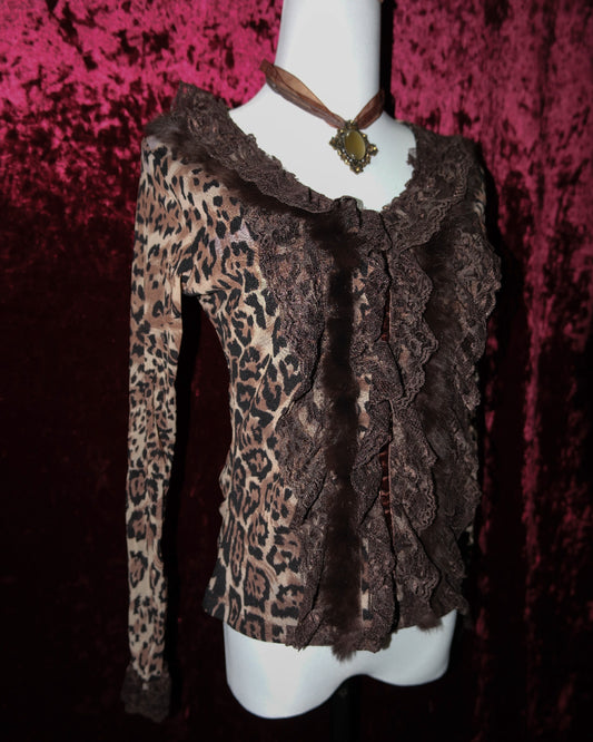 Leopard Mesh & Fur-Trimmed Blouse