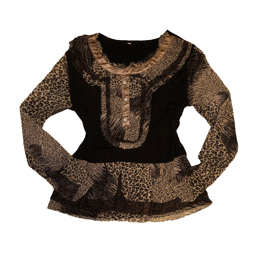 Leopard & Tiger Print Patchwork Ruffle Mesh Top