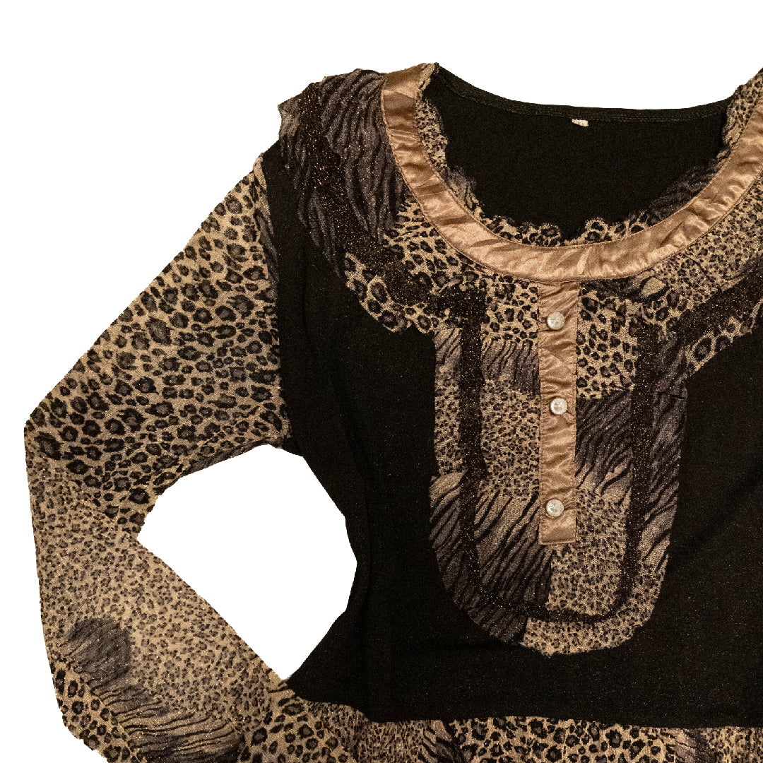 Leopard & Tiger Print Patchwork Ruffle Mesh Top
