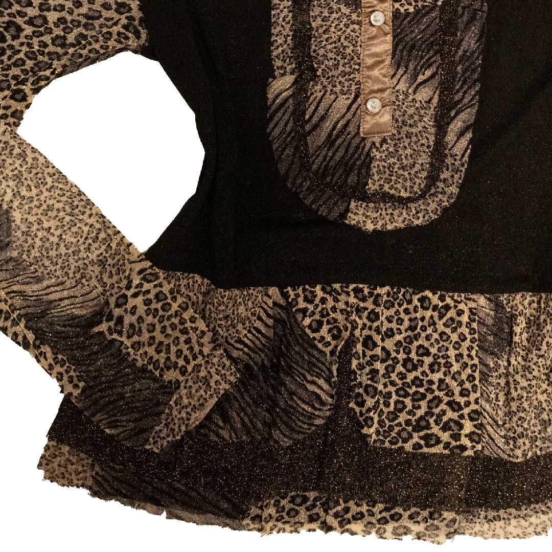 Leopard & Tiger Print Patchwork Ruffle Mesh Top