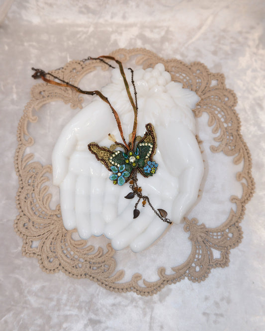 Fairycore Moss Embroidery Butterfly Necklace