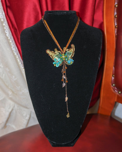 Fairycore Moss Embroidery Butterfly Necklace
