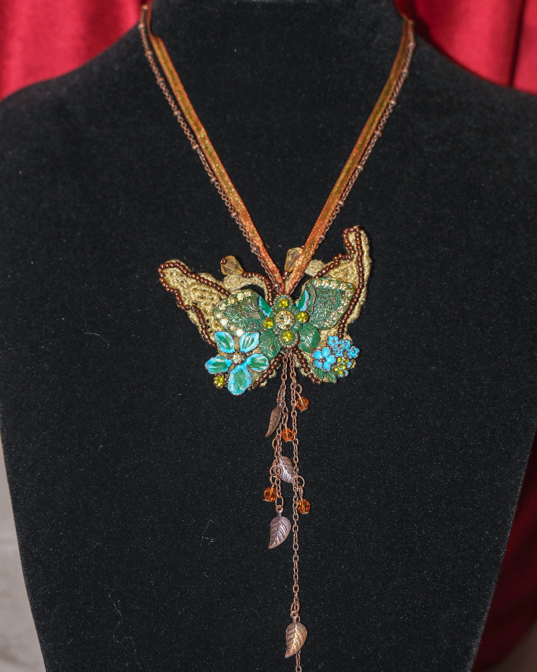 Fairycore Moss Embroidery Butterfly Necklace