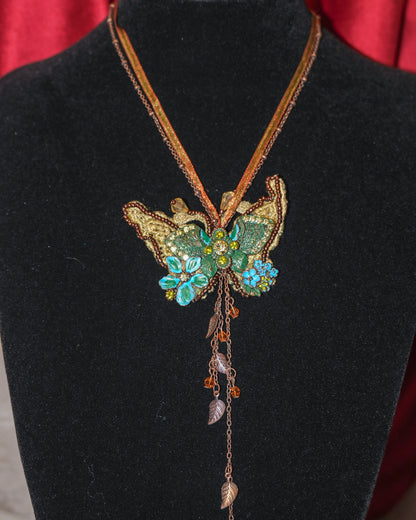 Fairycore Moss Embroidery Butterfly Necklace
