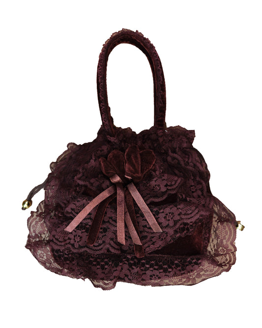 Wine Red Lace Ribbon Velvet Handbag