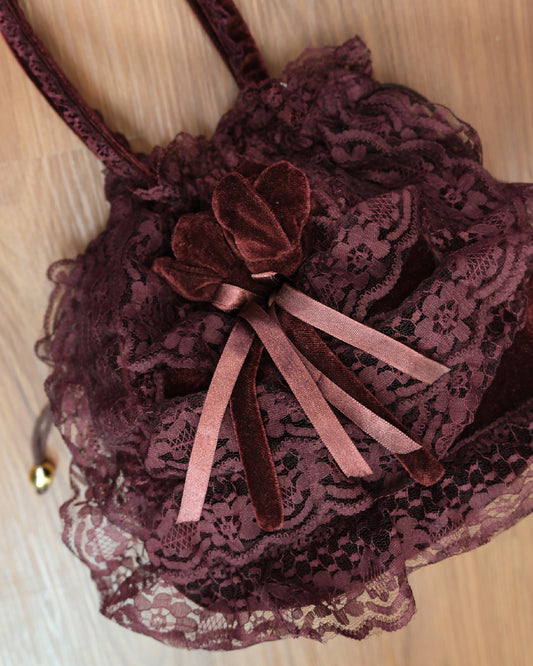 Wine Red Lace Ribbon Velvet Handbag