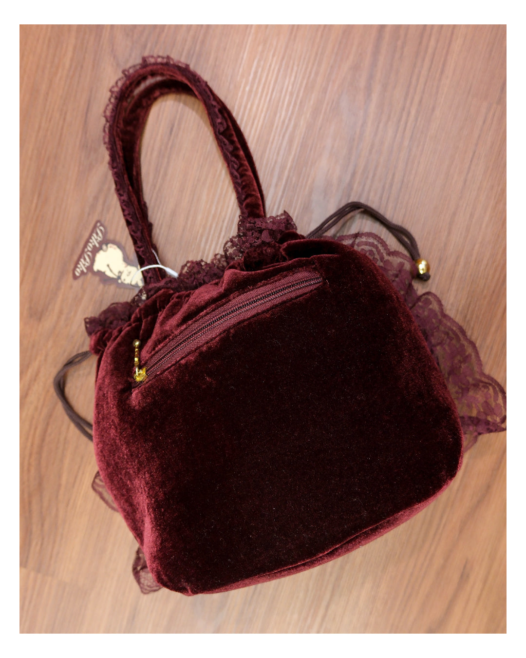 Wine Red Lace Ribbon Velvet Handbag