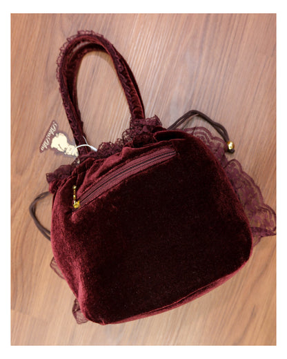 Wine Red Lace Ribbon Velvet Handbag