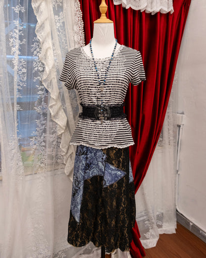 [Set] Monochrome Stripe Peplum & Indigo Patchwork Lace