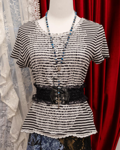 [Set] Monochrome Stripe Peplum & Indigo Patchwork Lace