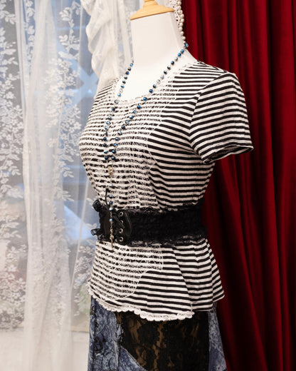 [Set] Monochrome Stripe Peplum & Indigo Patchwork Lace