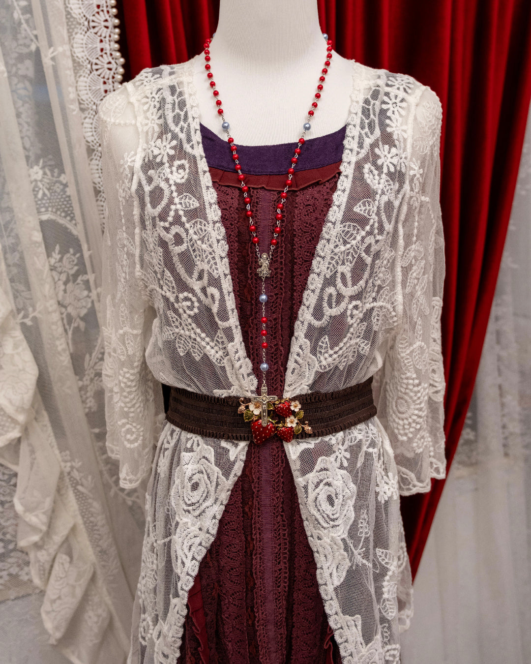 [Set] Cream Medallion Mesh & Mulberry Chiffon