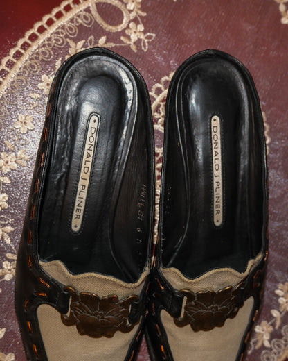 [Italy] Donald J. Pliner Flower Medallion Leather Handmade Mule Loafers