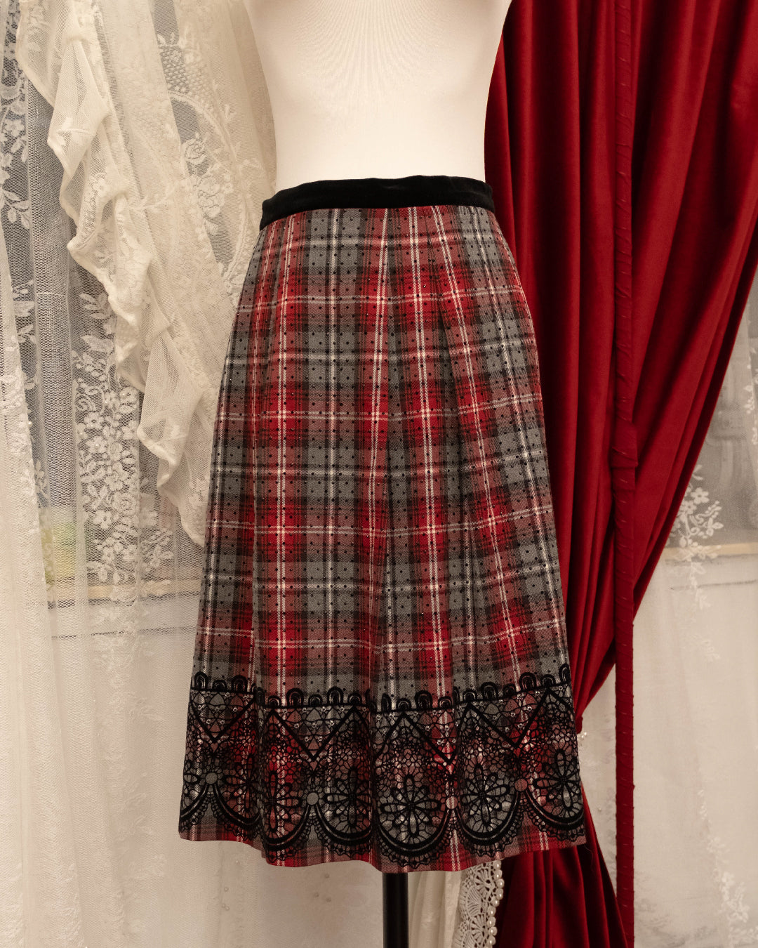Gothic Garnet Plaid Midi Skirt