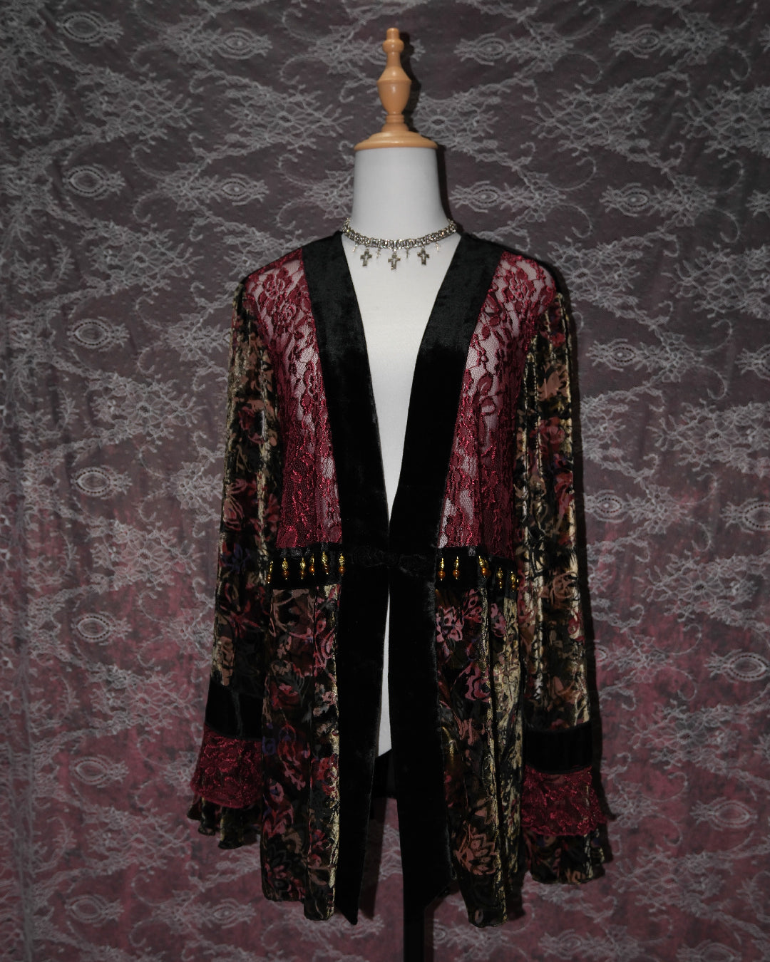 Cherry Lace Velvet Beaded Kimono Cardigan