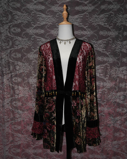 Cherry Lace Velvet Beaded Kimono Cardigan