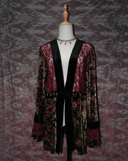 Cherry Lace Velvet Beaded Kimono Cardigan