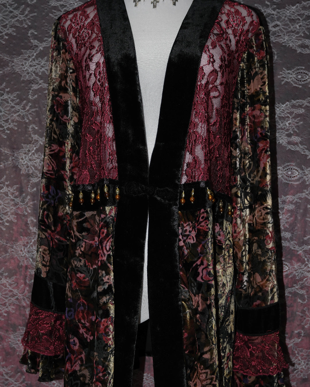 Cherry Lace Velvet Beaded Kimono Cardigan