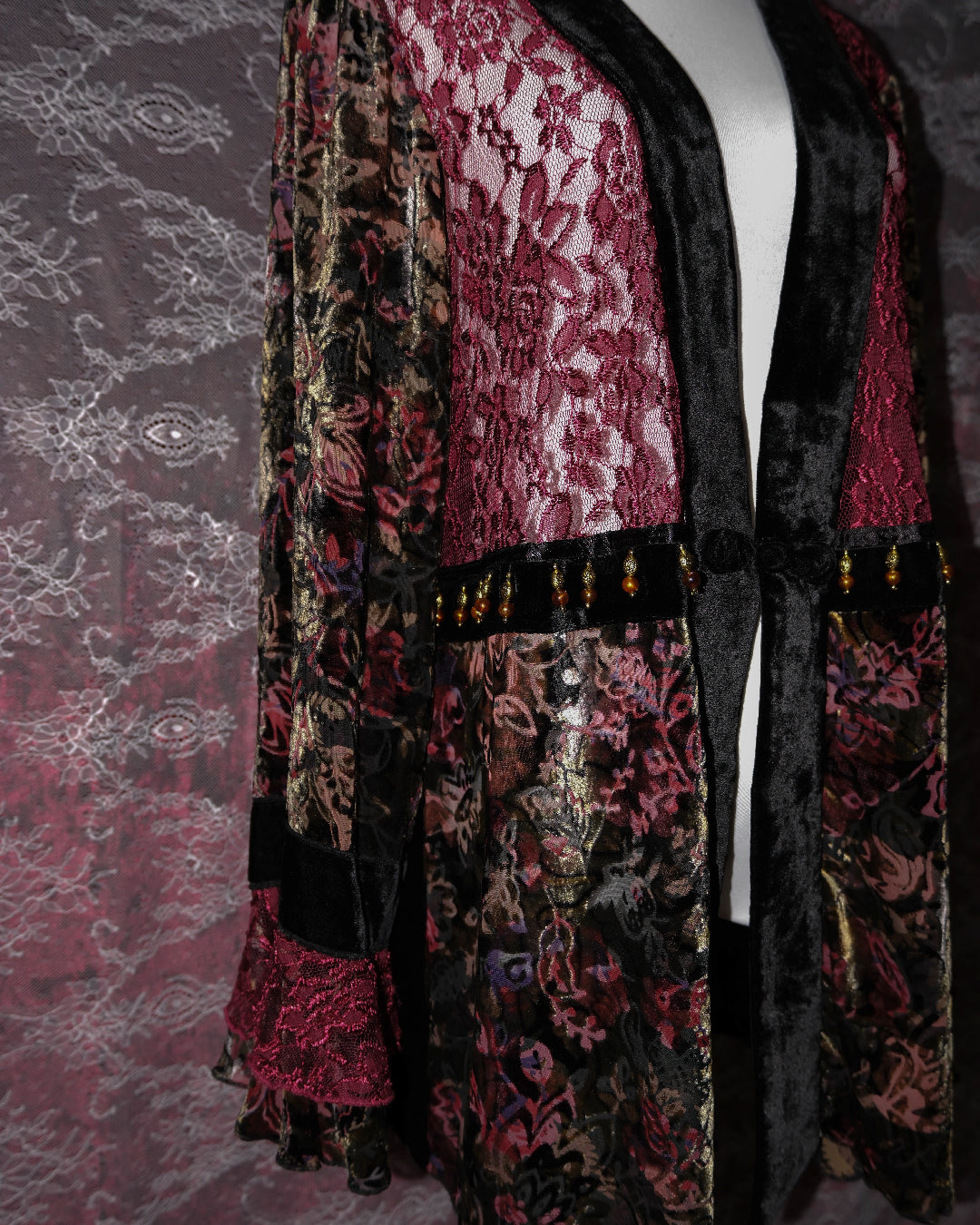 Cherry Lace Velvet Beaded Kimono Cardigan
