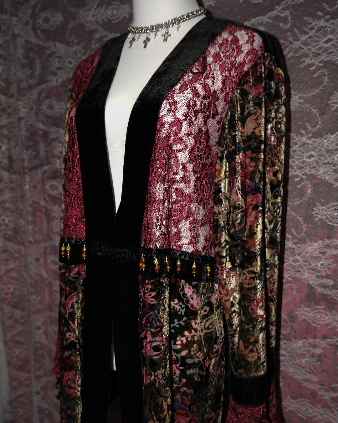 Cherry Lace Velvet Beaded Kimono Cardigan