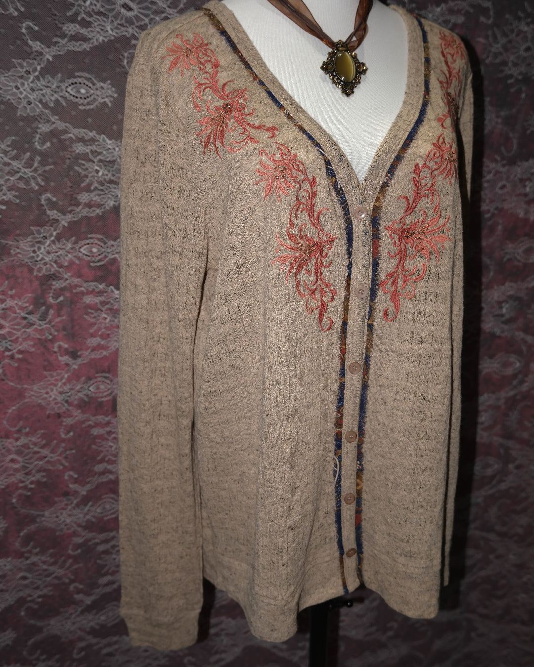 Tan Embroidered Cardigan