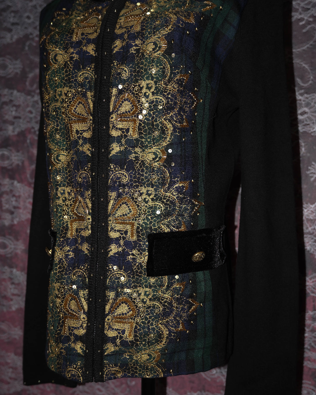[Just B] Velvet Plaid Zip Cardigan