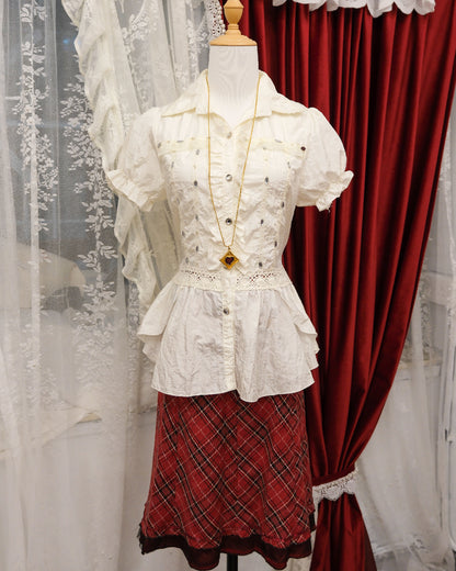 [Set] Creamy Red Checked Twill