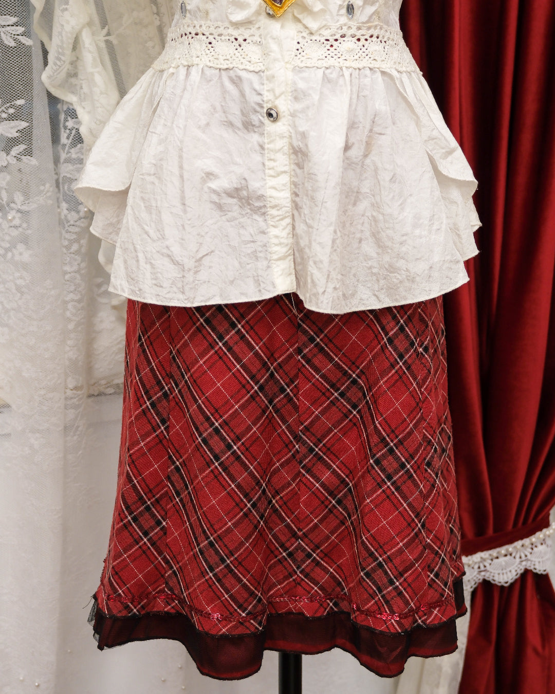 [Set] Creamy Red Checked Twill