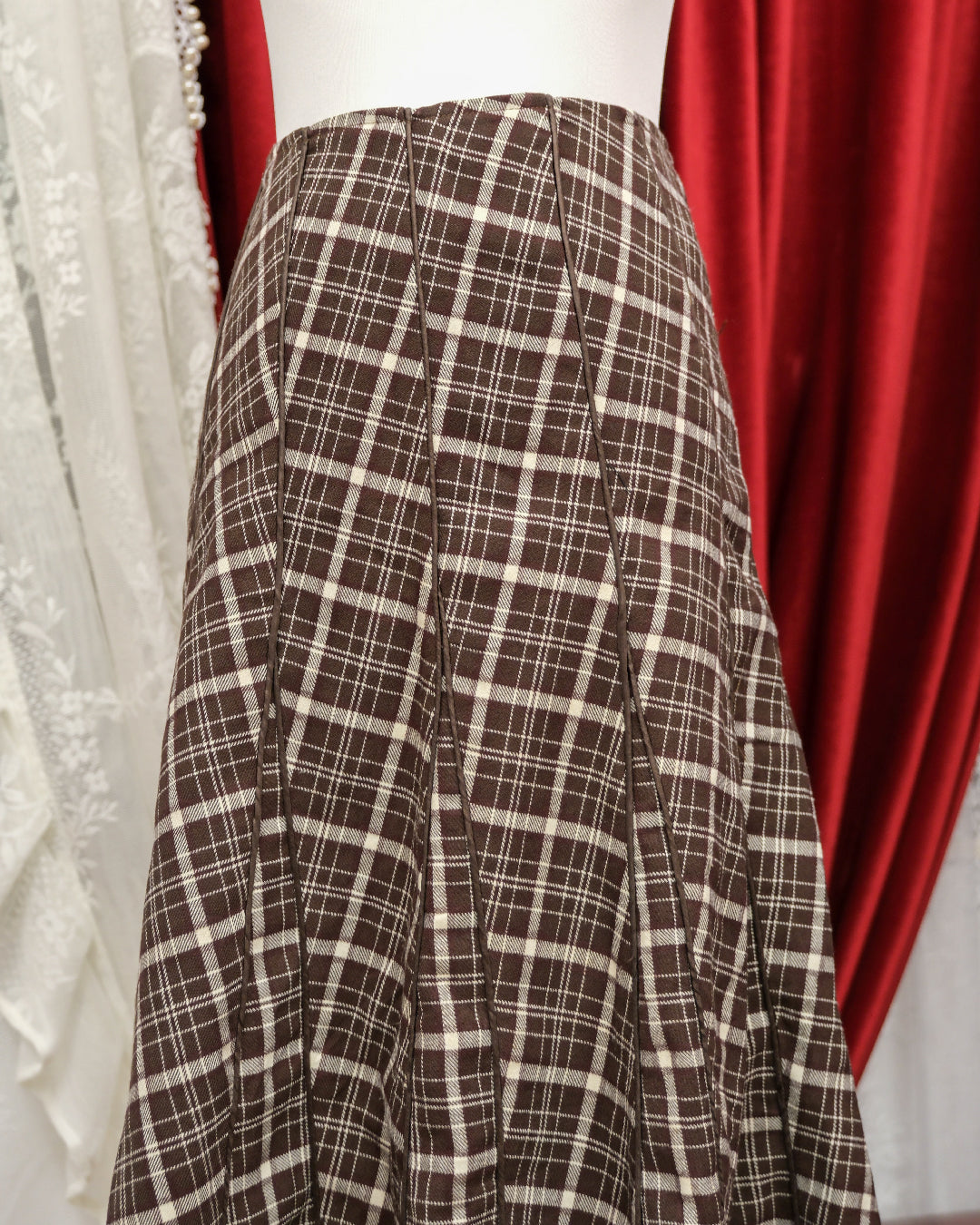 Coffee Plaid Midi Skirt