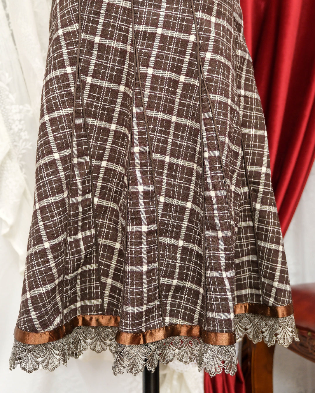Coffee Plaid Midi Skirt