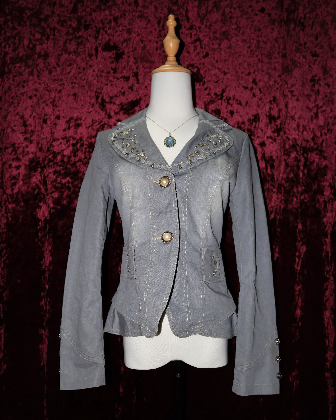 Grey Denim Jacket with Floral Embroidery