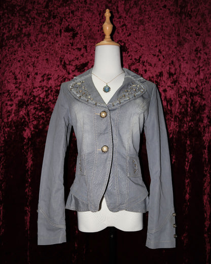 Grey Denim Jacket with Floral Embroidery