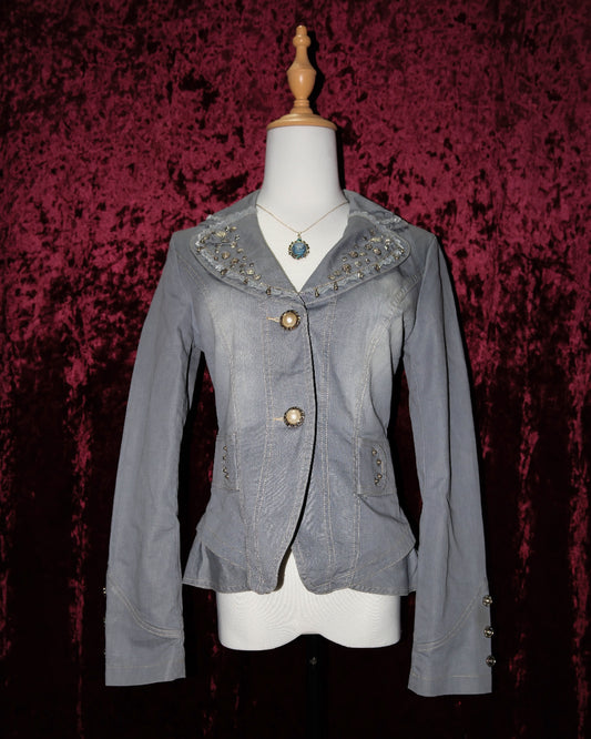 Grey Denim Jacket with Floral Embroidery