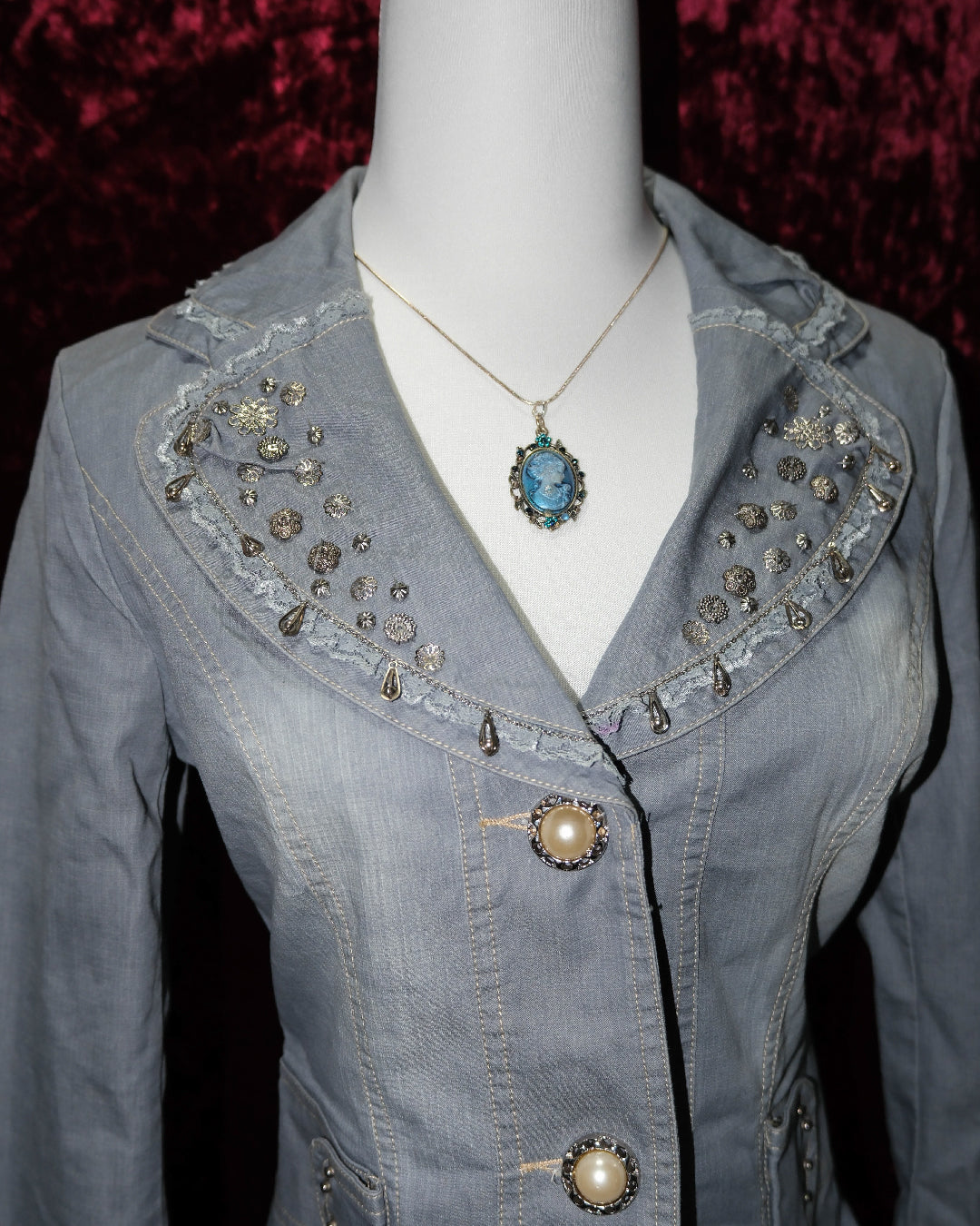 Grey Denim Jacket with Floral Embroidery