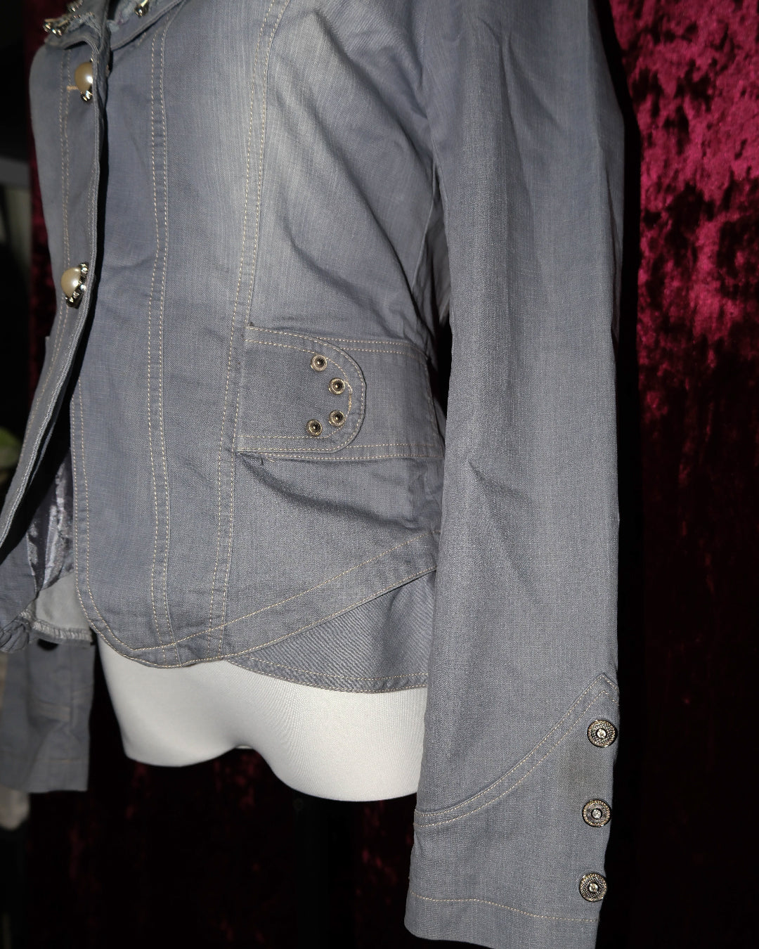 Grey Denim Jacket with Floral Embroidery