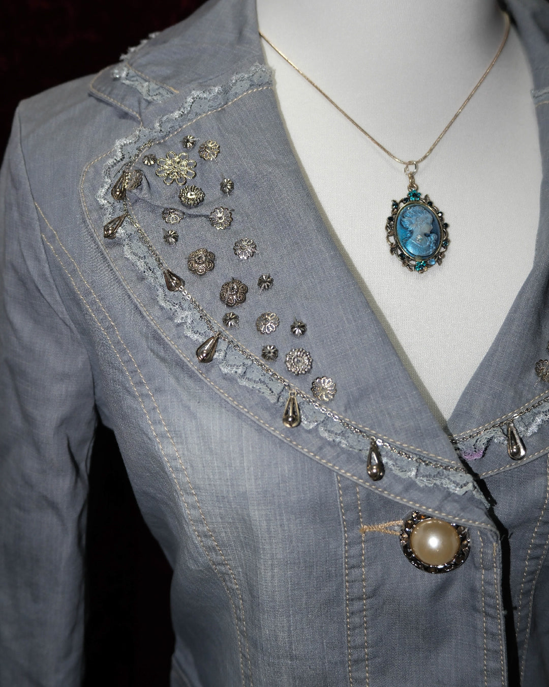 Grey Denim Jacket with Floral Embroidery