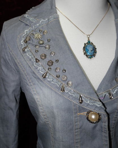 Grey Denim Jacket with Floral Embroidery