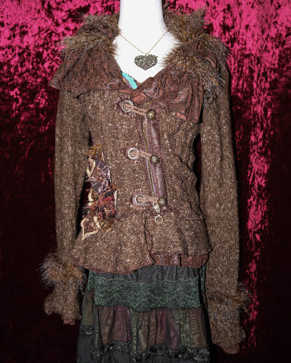 Brown Fur-Trimmed Knit Jacket with Leather Clasps