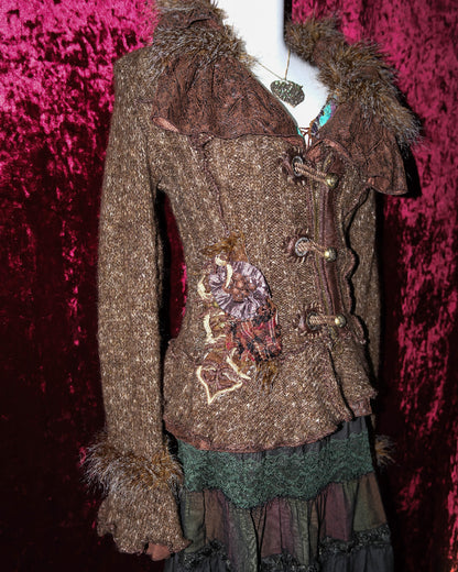 Brown Fur-Trimmed Knit Jacket with Leather Clasps