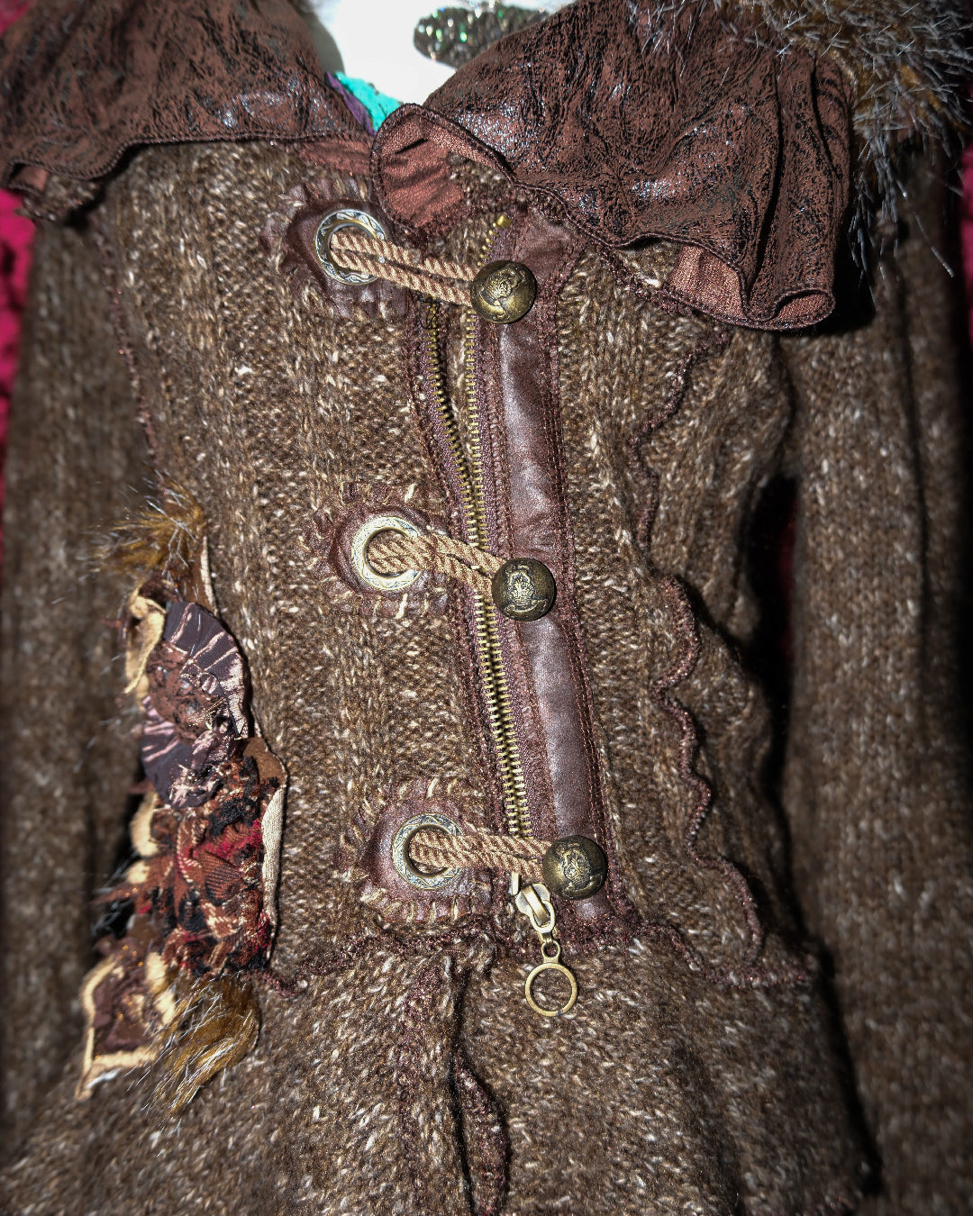 Brown Fur-Trimmed Knit Jacket with Leather Clasps