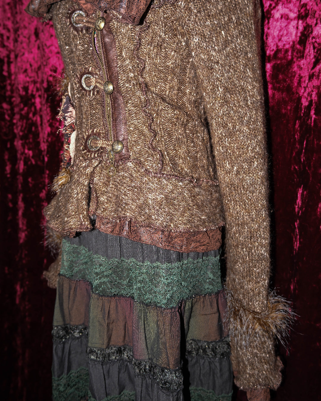 Brown Fur-Trimmed Knit Jacket with Leather Clasps