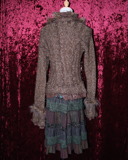 Brown Fur-Trimmed Knit Jacket with Leather Clasps