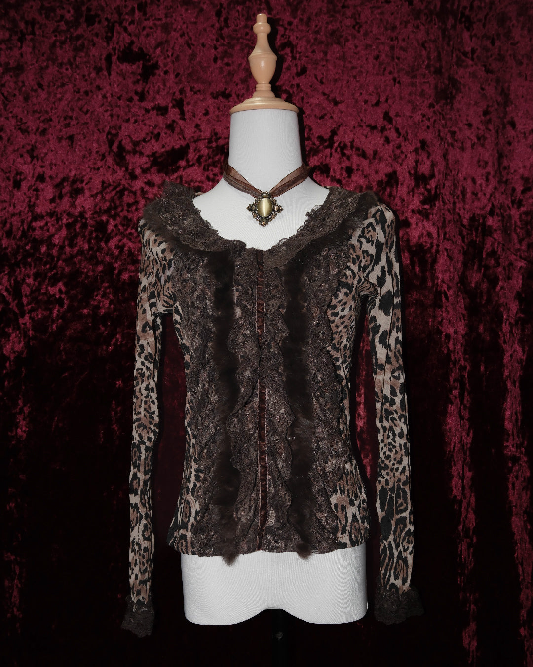 Leopard Mesh & Fur-Trimmed Blouse