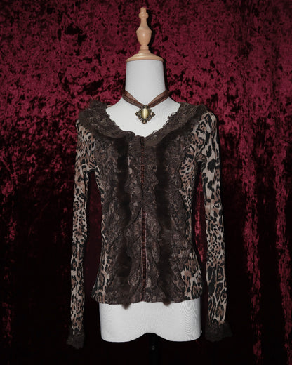 Leopard Mesh & Fur-Trimmed Blouse