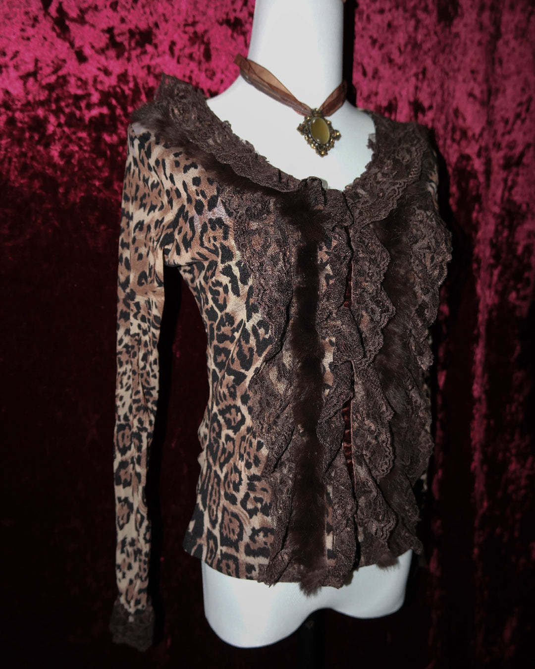 Leopard Mesh & Fur-Trimmed Blouse