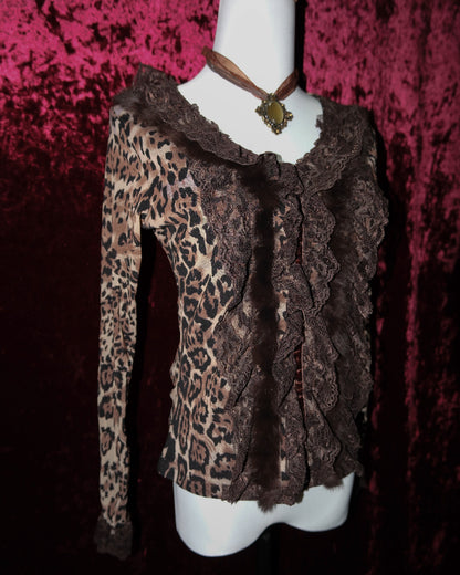 Leopard Mesh & Fur-Trimmed Blouse