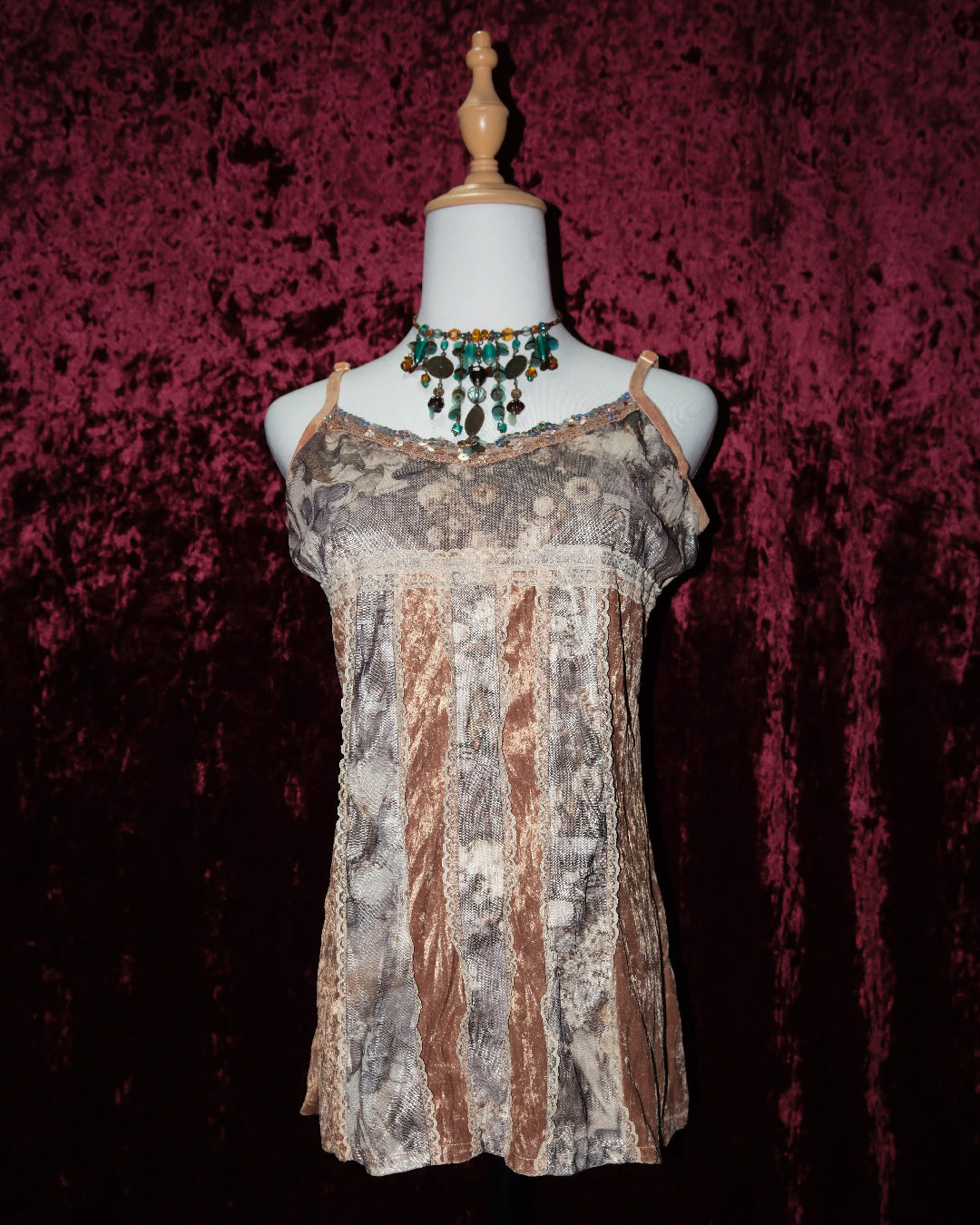 [Korea] Woodsmoke Velvet & Mesh Striped Fairy Cami