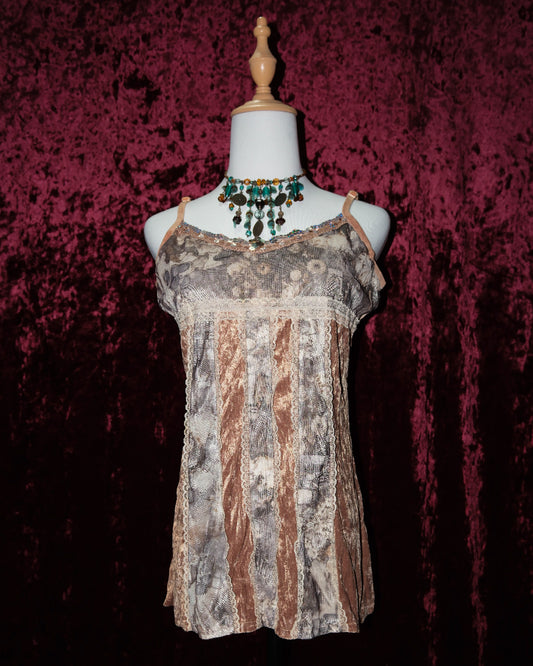 [Korea] Woodsmoke Velvet & Mesh Striped Fairy Cami