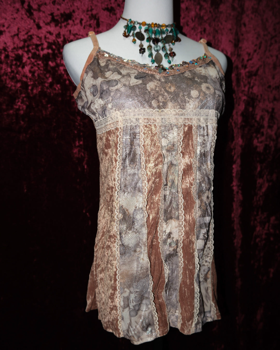 [Korea] Woodsmoke Velvet & Mesh Striped Fairy Cami